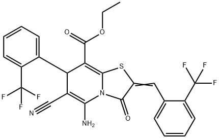 ethyl 5-amino-6-cyano-3-oxo-2-[2-(trifluoromethyl)benzylidene]-7-[2-(trifluoromethyl)phenyl]-2,3-dihydro-7H-[1,3]thiazolo[3,2-a]pyridine-8-carboxylate Struktur