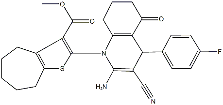 methyl 2-[2-amino-3-cyano-4-(4-fluorophenyl)-5-oxo-5,6,7,8-tetrahydro-1(4H)-quinolinyl]-5,6,7,8-tetrahydro-4H-cyclohepta[b]thiophene-3-carboxylate Struktur