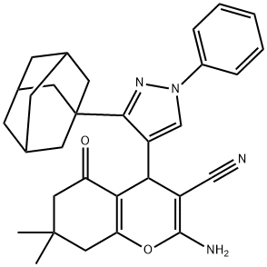 4-[3-(1-adamantyl)-1-phenyl-1H-pyrazol-4-yl]-2-amino-7,7-dimethyl-5-oxo-5,6,7,8-tetrahydro-4H-chromene-3-carbonitrile Struktur