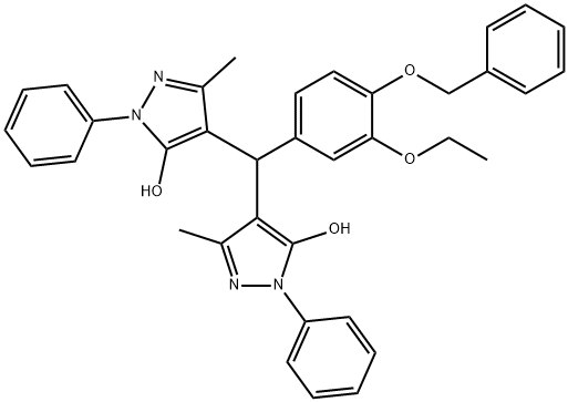 4-[{3-(ethyloxy)-4-[(phenylmethyl)oxy]phenyl}(5-hydroxy-3-methyl-1-phenyl-1H-pyrazol-4-yl)methyl]-3-methyl-1-phenyl-1H-pyrazol-5-ol Struktur