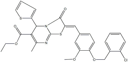 ethyl 2-{4-[(2-chlorobenzyl)oxy]-3-methoxybenzylidene}-7-methyl-3-oxo-5-(2-thienyl)-2,3-dihydro-5H-[1,3]thiazolo[3,2-a]pyrimidine-6-carboxylate Struktur