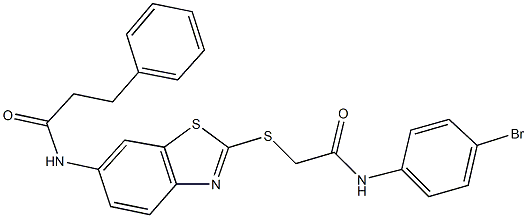 N-(2-{[2-(4-bromoanilino)-2-oxoethyl]sulfanyl}-1,3-benzothiazol-6-yl)-3-phenylpropanamide Struktur