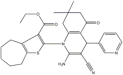 ethyl 2-(2-amino-3-cyano-7,7-dimethyl-5-oxo-4-(3-pyridinyl)-5,6,7,8-tetrahydro-1(4H)-quinolinyl)-5,6,7,8-tetrahydro-4H-cyclohepta[b]thiophene-3-carboxylate Struktur