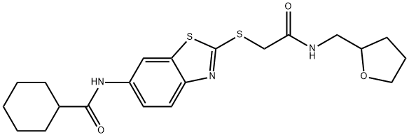 N-[2-({2-oxo-2-[(tetrahydro-2-furanylmethyl)amino]ethyl}sulfanyl)-1,3-benzothiazol-6-yl]cyclohexanecarboxamide Struktur