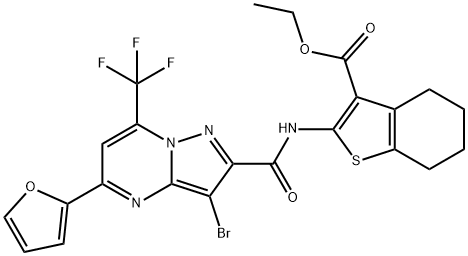 ethyl 2-({[3-bromo-5-(2-furyl)-7-(trifluoromethyl)pyrazolo[1,5-a]pyrimidin-2-yl]carbonyl}amino)-4,5,6,7-tetrahydro-1-benzothiophene-3-carboxylate Struktur