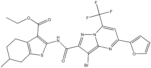 ethyl 2-({[3-bromo-5-(2-furyl)-7-(trifluoromethyl)pyrazolo[1,5-a]pyrimidin-2-yl]carbonyl}amino)-6-methyl-4,5,6,7-tetrahydro-1-benzothiophene-3-carboxylate Struktur