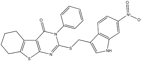 2-[({6-nitro-1H-indol-3-yl}methyl)sulfanyl]-3-phenyl-5,6,7,8-tetrahydro[1]benzothieno[2,3-d]pyrimidin-4(3H)-one Struktur