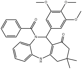 10-benzoyl-3,3-dimethyl-11-(3,4,5-trimethoxyphenyl)-2,3,4,5,10,11-hexahydro-1H-dibenzo[b,e][1,4]diazepin-1-one Struktur