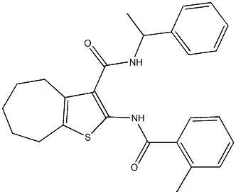 2-[(2-methylbenzoyl)amino]-N-(1-phenylethyl)-5,6,7,8-tetrahydro-4H-cyclohepta[b]thiophene-3-carboxamide Struktur