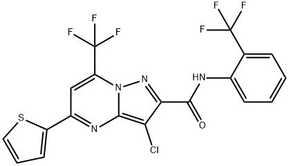 3-chloro-5-(2-thienyl)-7-(trifluoromethyl)-N-[2-(trifluoromethyl)phenyl]pyrazolo[1,5-a]pyrimidine-2-carboxamide Struktur