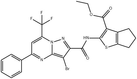 ethyl 2-({[3-bromo-5-phenyl-7-(trifluoromethyl)pyrazolo[1,5-a]pyrimidin-2-yl]carbonyl}amino)-5,6-dihydro-4H-cyclopenta[b]thiophene-3-carboxylate Struktur