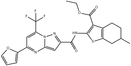 ethyl 2-({[5-(2-furyl)-7-(trifluoromethyl)pyrazolo[1,5-a]pyrimidin-2-yl]carbonyl}amino)-6-methyl-4,5,6,7-tetrahydro-1-benzothiophene-3-carboxylate Struktur