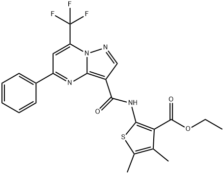 ethyl 4,5-dimethyl-2-({[5-phenyl-7-(trifluoromethyl)pyrazolo[1,5-a]pyrimidin-3-yl]carbonyl}amino)-3-thiophenecarboxylate Struktur