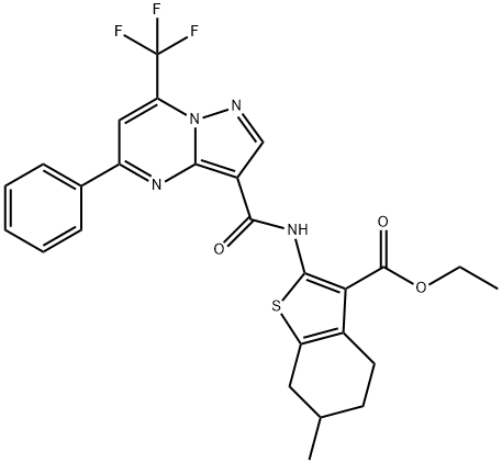 ethyl 6-methyl-2-({[5-phenyl-7-(trifluoromethyl)pyrazolo[1,5-a]pyrimidin-3-yl]carbonyl}amino)-4,5,6,7-tetrahydro-1-benzothiophene-3-carboxylate Struktur