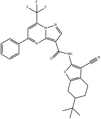 N-(6-tert-butyl-3-cyano-4,5,6,7-tetrahydro-1-benzothien-2-yl)-5-phenyl-7-(trifluoromethyl)pyrazolo[1,5-a]pyrimidine-3-carboxamide Struktur