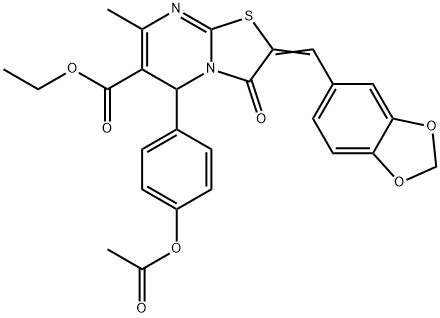 ethyl 5-[4-(acetyloxy)phenyl]-2-(1,3-benzodioxol-5-ylmethylene)-7-methyl-3-oxo-2,3-dihydro-5H-[1,3]thiazolo[3,2-a]pyrimidine-6-carboxylate Struktur