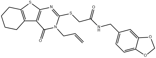 2-[(3-allyl-4-oxo-3,4,5,6,7,8-hexahydro[1]benzothieno[2,3-d]pyrimidin-2-yl)sulfanyl]-N-(1,3-benzodioxol-5-ylmethyl)acetamide Struktur