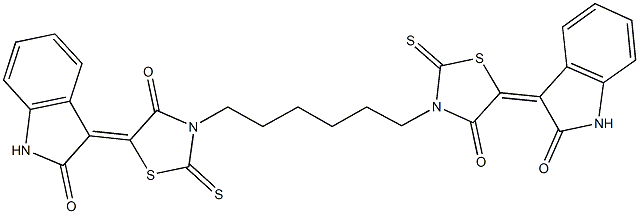 3-(4-oxo-3-{6-[4-oxo-5-(2-oxo-1,2-dihydro-3H-indol-3-ylidene)-2-thioxo-1,3-thiazolidin-3-yl]hexyl}-2-thioxo-1,3-thiazolidin-5-ylidene)-1,3-dihydro-2H-indol-2-one Struktur