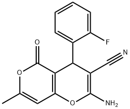 2-amino-4-(2-fluorophenyl)-7-methyl-5-oxo-4H,5H-pyrano[4,3-b]pyran-3-carbonitrile Struktur