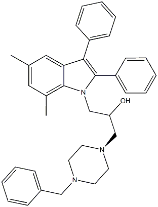 1-(4-benzyl-1-piperazinyl)-3-(5,7-dimethyl-2,3-diphenyl-1H-indol-1-yl)-2-propanol Struktur