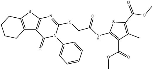 dimethyl 3-methyl-5-({[(4-oxo-3-phenyl-3,4,5,6,7,8-hexahydro[1]benzothieno[2,3-d]pyrimidin-2-yl)sulfanyl]acetyl}amino)-2,4-thiophenedicarboxylate Struktur