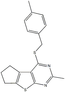 2-methyl-4-[(4-methylbenzyl)sulfanyl]-6,7-dihydro-5H-cyclopenta[4,5]thieno[2,3-d]pyrimidine Struktur