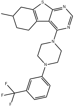 7-methyl-4-{4-[3-(trifluoromethyl)phenyl]-1-piperazinyl}-5,6,7,8-tetrahydro[1]benzothieno[2,3-d]pyrimidine Struktur