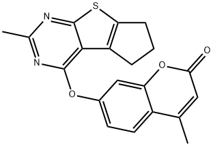 4-methyl-7-[(2-methyl-6,7-dihydro-5H-cyclopenta[4,5]thieno[2,3-d]pyrimidin-4-yl)oxy]-2H-chromen-2-one Struktur