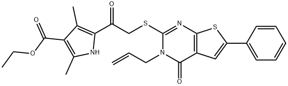 ethyl 5-{[(3-allyl-4-oxo-6-phenyl-3,4-dihydrothieno[2,3-d]pyrimidin-2-yl)sulfanyl]acetyl}-2,4-dimethyl-1H-pyrrole-3-carboxylate Struktur