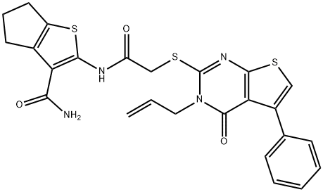 2-({[(3-allyl-4-oxo-5-phenyl-3,4-dihydrothieno[2,3-d]pyrimidin-2-yl)sulfanyl]acetyl}amino)-5,6-dihydro-4H-cyclopenta[b]thiophene-3-carboxamide Struktur