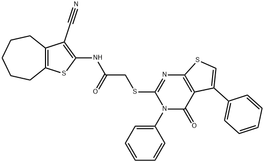 N-(3-cyano-5,6,7,8-tetrahydro-4H-cyclohepta[b]thien-2-yl)-2-[(4-oxo-3,5-diphenyl-3,4-dihydrothieno[2,3-d]pyrimidin-2-yl)sulfanyl]acetamide Struktur