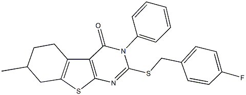 2-[(4-fluorobenzyl)sulfanyl]-7-methyl-3-phenyl-5,6,7,8-tetrahydro[1]benzothieno[2,3-d]pyrimidin-4(3H)-one Struktur