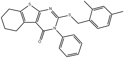 2-[(2,4-dimethylbenzyl)sulfanyl]-3-phenyl-5,6,7,8-tetrahydro[1]benzothieno[2,3-d]pyrimidin-4(3H)-one Struktur