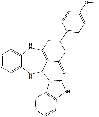 11-(1H-indol-3-yl)-3-(4-methoxyphenyl)-2,3,4,5,10,11-hexahydro-1H-dibenzo[b,e][1,4]diazepin-1-one Struktur