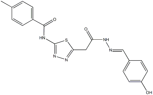 N-(5-{2-[2-(4-hydroxybenzylidene)hydrazino]-2-oxoethyl}-1,3,4-thiadiazol-2-yl)-4-methylbenzamide Struktur