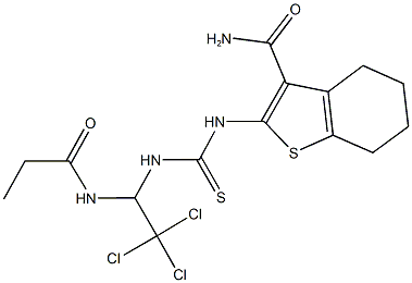 2-[({[2,2,2-trichloro-1-(propionylamino)ethyl]amino}carbothioyl)amino]-4,5,6,7-tetrahydro-1-benzothiophene-3-carboxamide Struktur