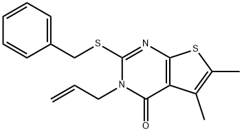 3-allyl-2-(benzylsulfanyl)-5,6-dimethylthieno[2,3-d]pyrimidin-4(3H)-one Struktur