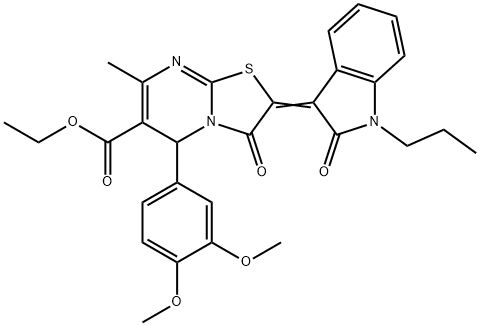 ethyl 5-(3,4-dimethoxyphenyl)-7-methyl-3-oxo-2-(2-oxo-1-propyl-1,2-dihydro-3H-indol-3-ylidene)-2,3-dihydro-5H-[1,3]thiazolo[3,2-a]pyrimidine-6-carboxylate Struktur