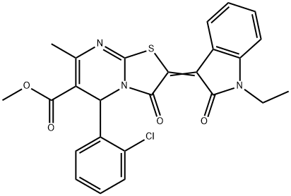 methyl 5-(2-chlorophenyl)-2-(1-ethyl-2-oxo-1,2-dihydro-3H-indol-3-ylidene)-7-methyl-3-oxo-2,3-dihydro-5H-[1,3]thiazolo[3,2-a]pyrimidine-6-carboxylate Struktur