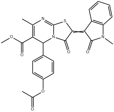 methyl 5-[4-(acetyloxy)phenyl]-7-methyl-2-(1-methyl-2-oxo-1,2-dihydro-3H-indol-3-ylidene)-3-oxo-2,3-dihydro-5H-[1,3]thiazolo[3,2-a]pyrimidine-6-carboxylate Struktur