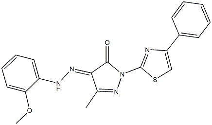 3-methyl-1-(4-phenyl-1,3-thiazol-2-yl)-1H-pyrazole-4,5-dione 4-[(2-methoxyphenyl)hydrazone] Struktur