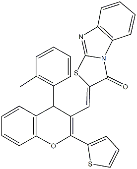 2-{[4-(2-methylphenyl)-2-(2-thienyl)-4H-chromen-3-yl]methylene}[1,3]thiazolo[3,2-a]benzimidazol-3(2H)-one Struktur