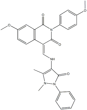 4-{[(1,5-dimethyl-3-oxo-2-phenyl-2,3-dihydro-1H-pyrazol-4-yl)amino]methylene}-7-methoxy-2-(4-methoxyphenyl)-1,3(2H,4H)-isoquinolinedione Struktur