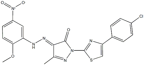 1-[4-(4-chlorophenyl)-1,3-thiazol-2-yl]-3-methyl-1H-pyrazole-4,5-dione 4-({5-nitro-2-methoxyphenyl}hydrazone) Struktur