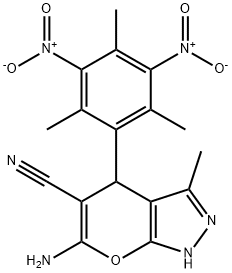 6-amino-4-{3,5-bisnitro-2,4,6-trimethylphenyl}-3-methyl-1,4-dihydropyrano[2,3-c]pyrazole-5-carbonitrile Struktur