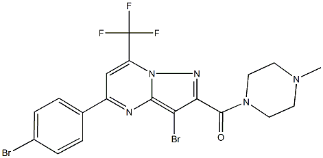 3-bromo-5-(4-bromophenyl)-2-[(4-methyl-1-piperazinyl)carbonyl]-7-(trifluoromethyl)pyrazolo[1,5-a]pyrimidine Struktur