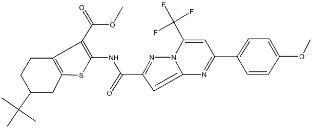 methyl 6-tert-butyl-2-({[5-(4-methoxyphenyl)-7-(trifluoromethyl)pyrazolo[1,5-a]pyrimidin-2-yl]carbonyl}amino)-4,5,6,7-tetrahydro-1-benzothiophene-3-carboxylate Struktur