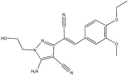 5-amino-3-[1-cyano-2-(4-ethoxy-3-methoxyphenyl)vinyl]-1-(2-hydroxyethyl)-1H-pyrazole-4-carbonitrile Struktur