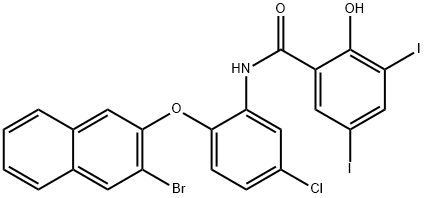 N-{2-[(3-bromo-2-naphthyl)oxy]-5-chlorophenyl}-2-hydroxy-3,5-diiodobenzamide Struktur