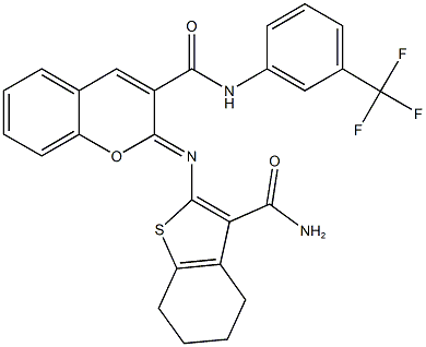 2-{[3-(aminocarbonyl)-4,5,6,7-tetrahydro-1-benzothien-2-yl]imino}-N-[3-(trifluoromethyl)phenyl]-2H-chromene-3-carboxamide Struktur